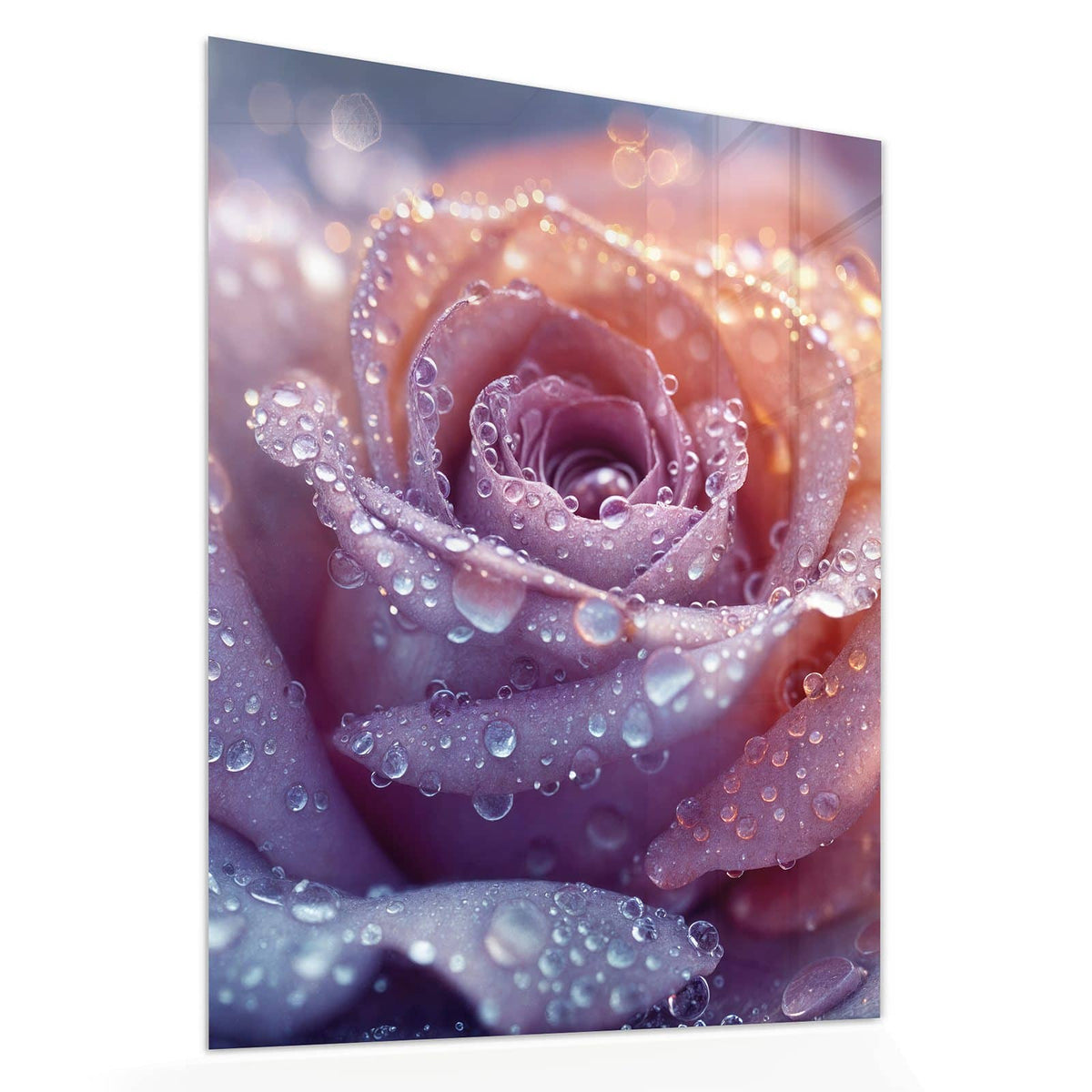 Echtglas, 4 mm – kein Acryl, keine Folie – Wandbild - Lila Rose im Tau - Hochformat