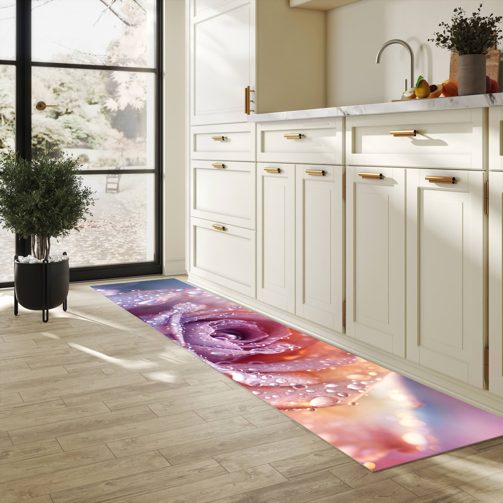 Fleckenresistenter waschbarer Läufer mit Motiv Nasser Blumenglanz in heller Küche