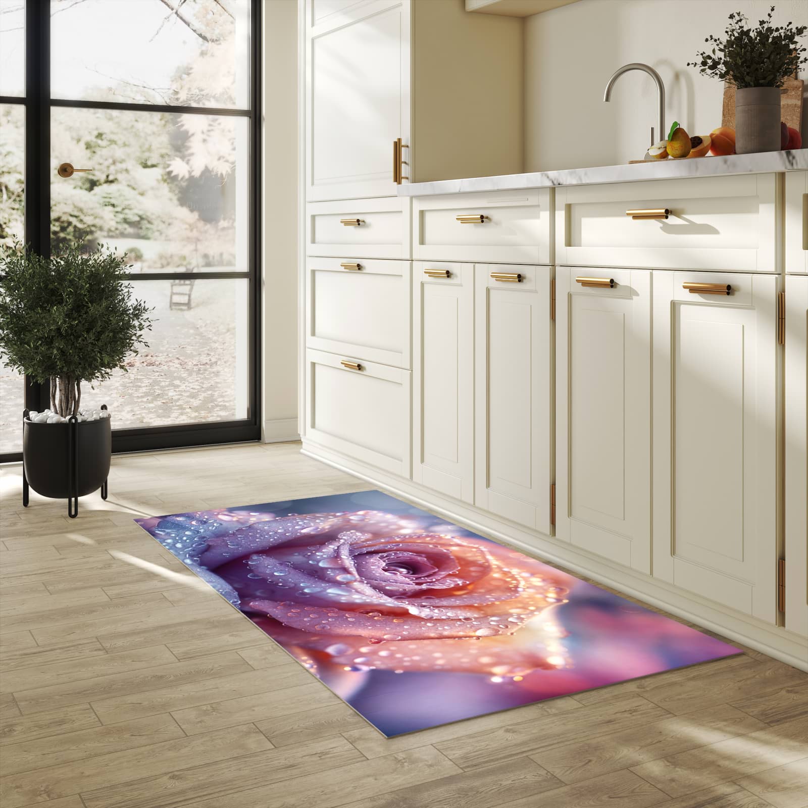 Komfortabler rutschfester Küchenteppich mit Motiv Nasser Blumenglanz in heller Küche