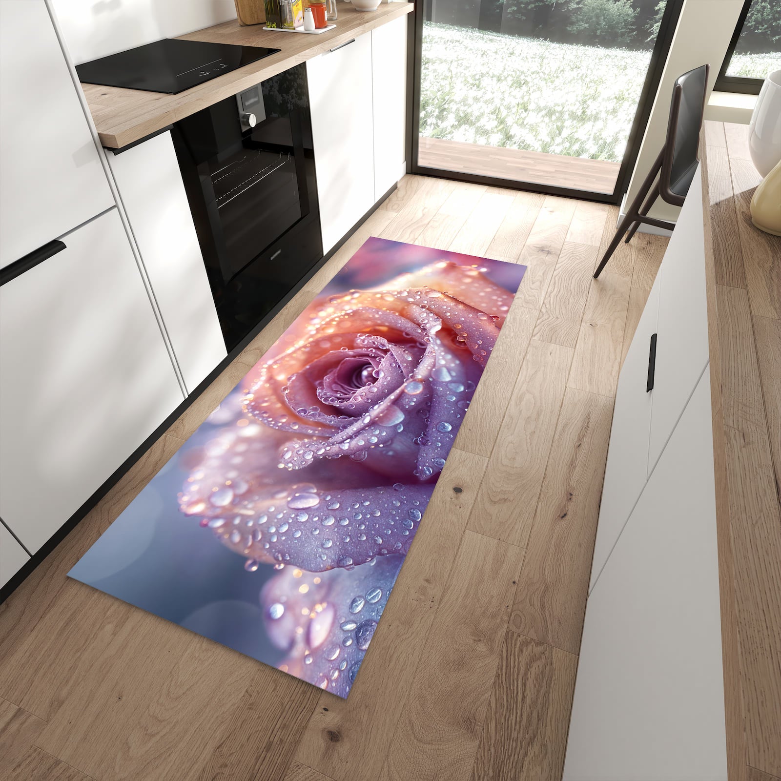 Abwaschbarer Küchenläufer mit Motiv Nasser Blumenglanz in moderner Küche