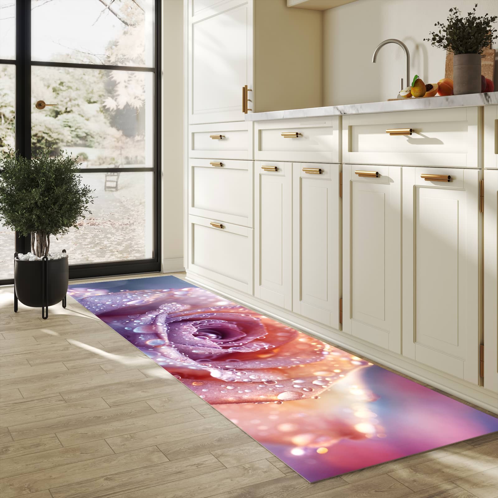 Pflegeleichter dünner Teppich mit Motiv Nasser Blumenglanz in heller Küche