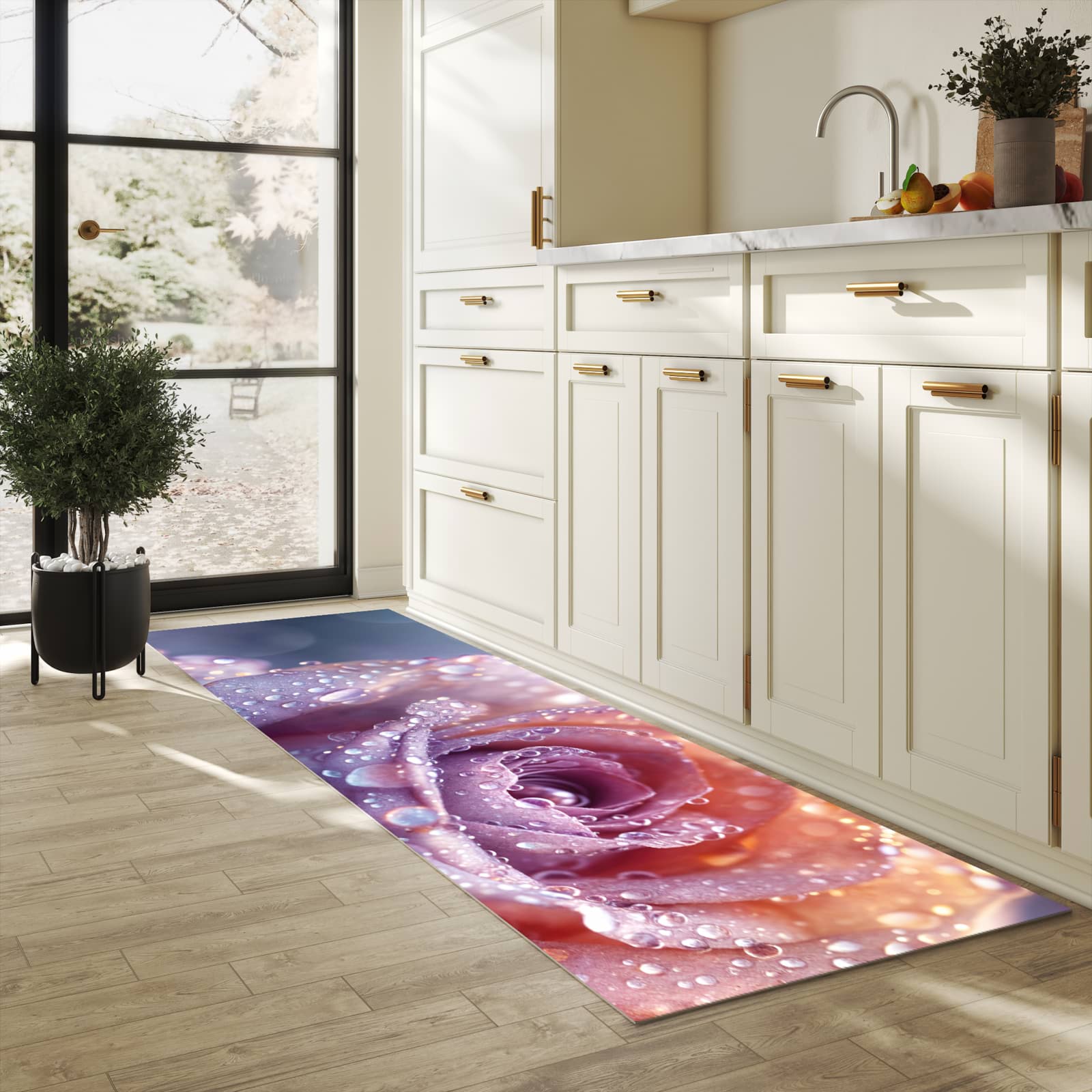 Flacher Läufer mit Motiv Nasser Blumenglanz für rutschfesten Halt in heller Küche