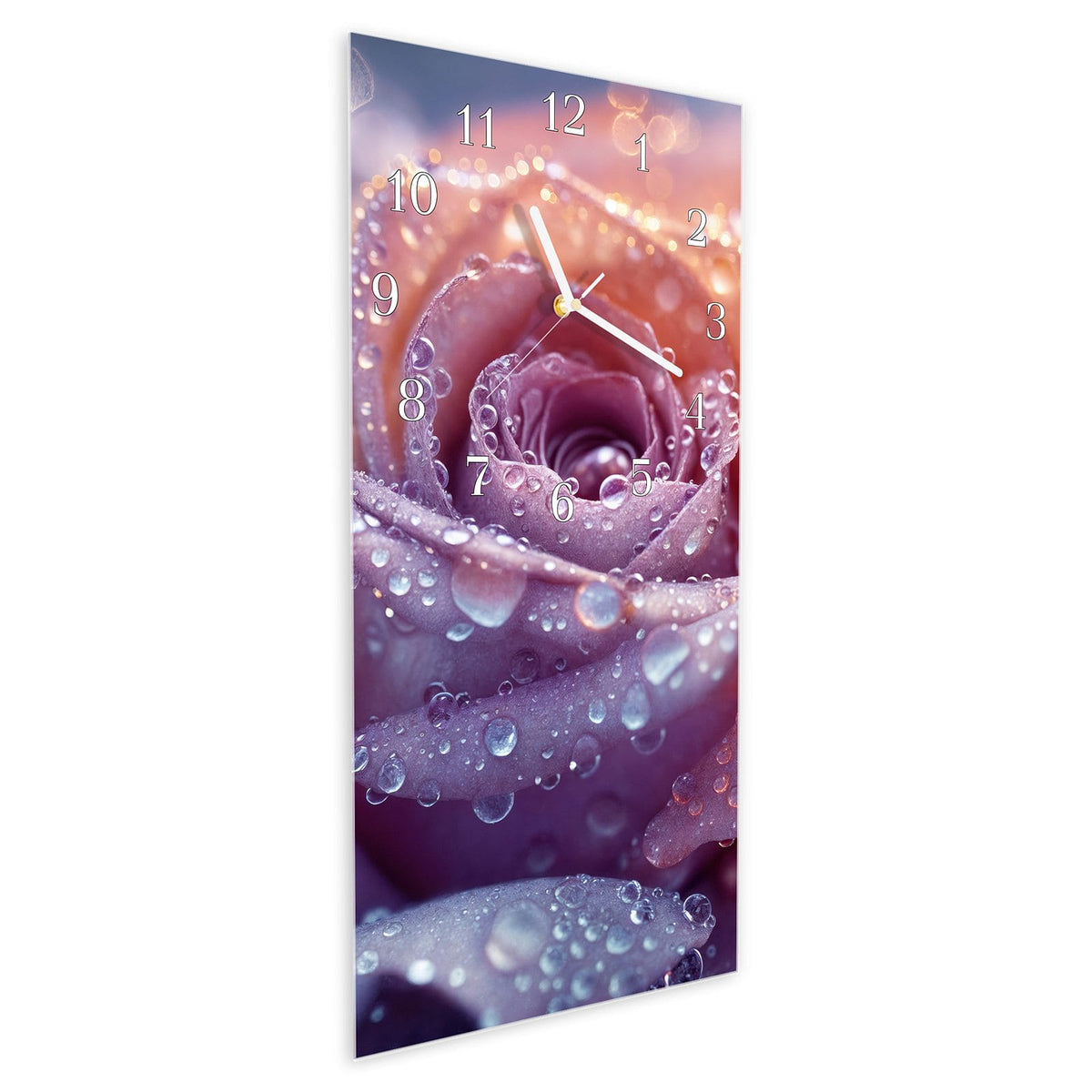 Vormontiert – mit Schwebeeffekt – Wanduhr Blüte mit Wassertropfen aus Glas – Hochformat 30 × 60 cm