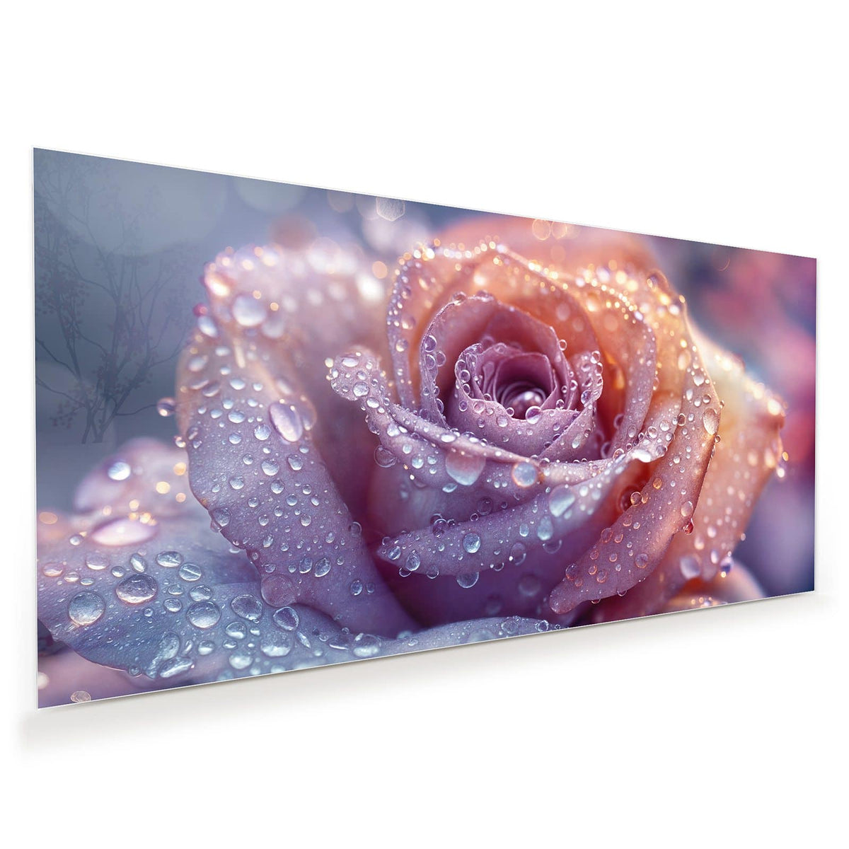 Makro einer lila-rosa Rose, dicht mit Wassertropfen besetzt.