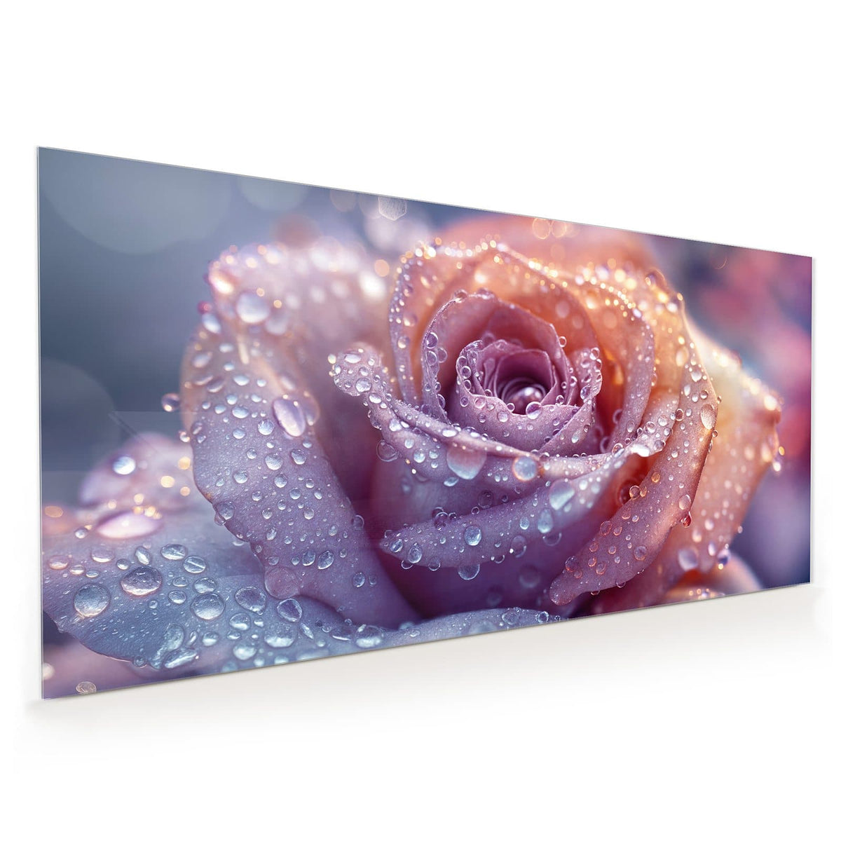Küchenrückwand aus Glas im Hochformat: Makro einer lila-rosa Rose, dicht mit Wassertropfen besetzt.