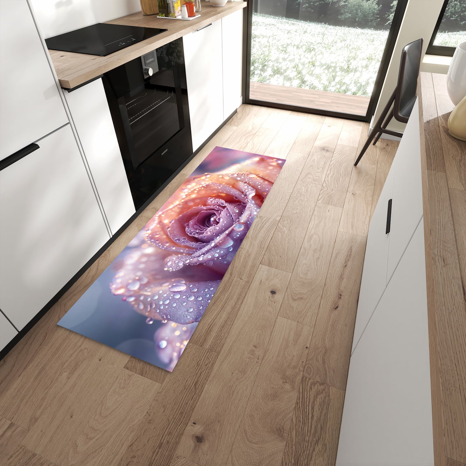 Bodenschonender rutschfester Küchenläufer mit Motiv Nasser Blumenglanz in moderner Küche