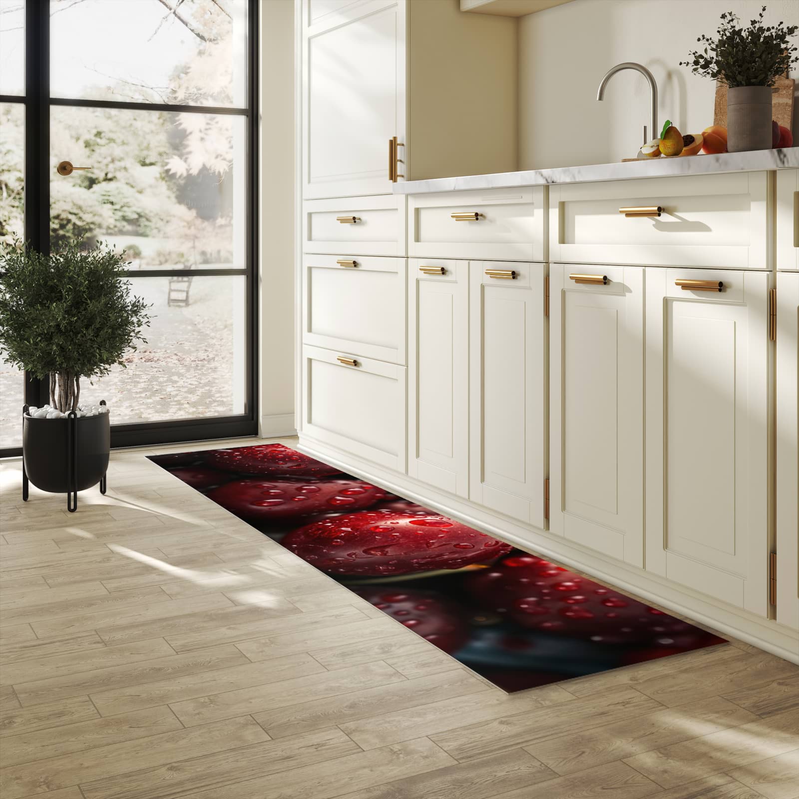 Rutschfester Küchenteppich mit Motiv Reife Kirschen in heller Küche