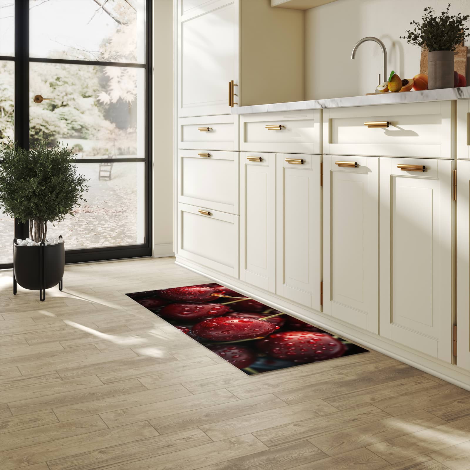Strapazierfähiger Küchenteppich mit Motiv Reife Kirschen in heller Küche