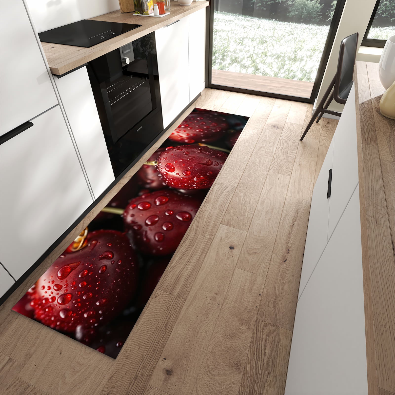 Flacher Küchenteppich mit Motiv Reife Kirschen in moderner Küche - waschbar