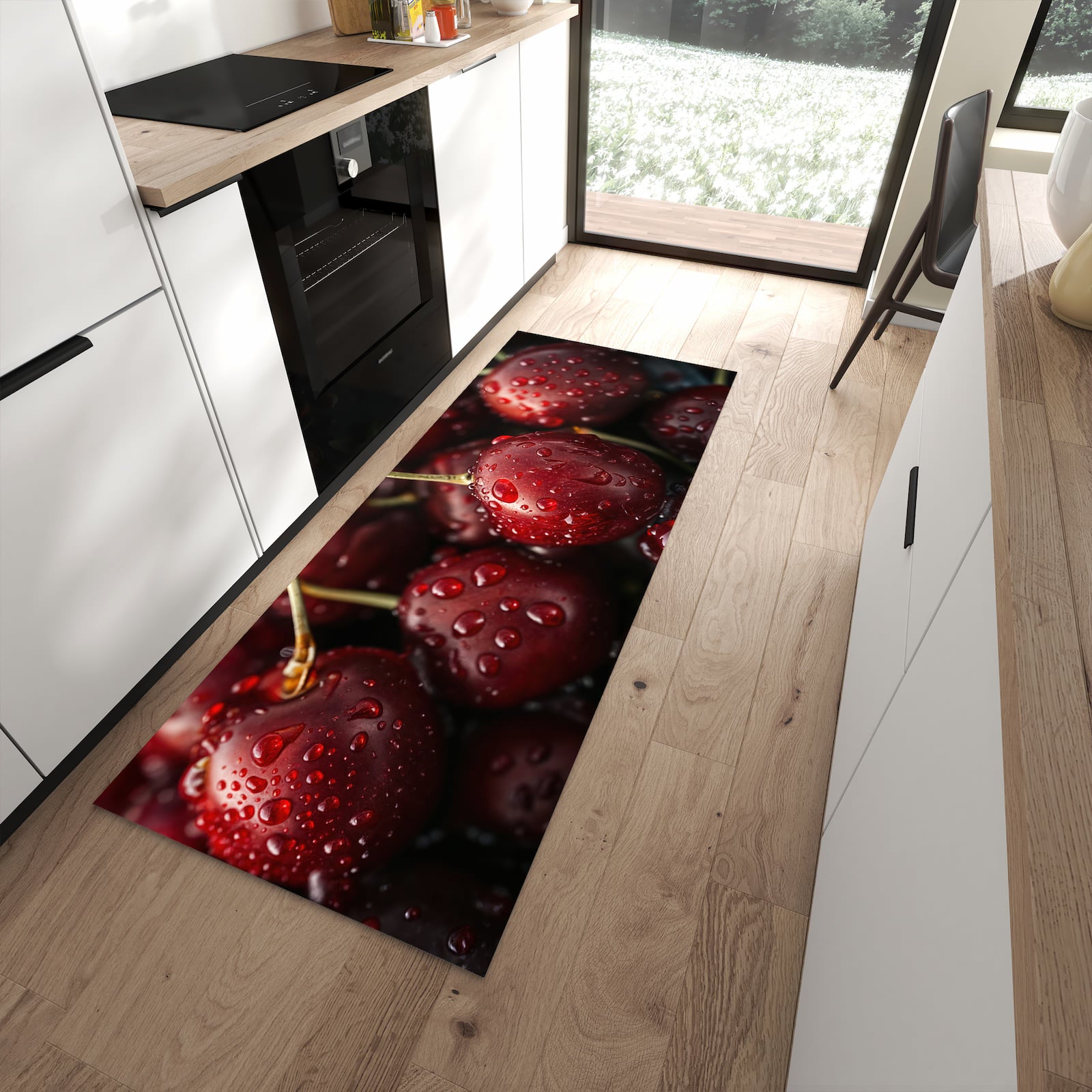 Waschbarer Küchenteppich mit Motiv Reife Kirschen in moderner Küche