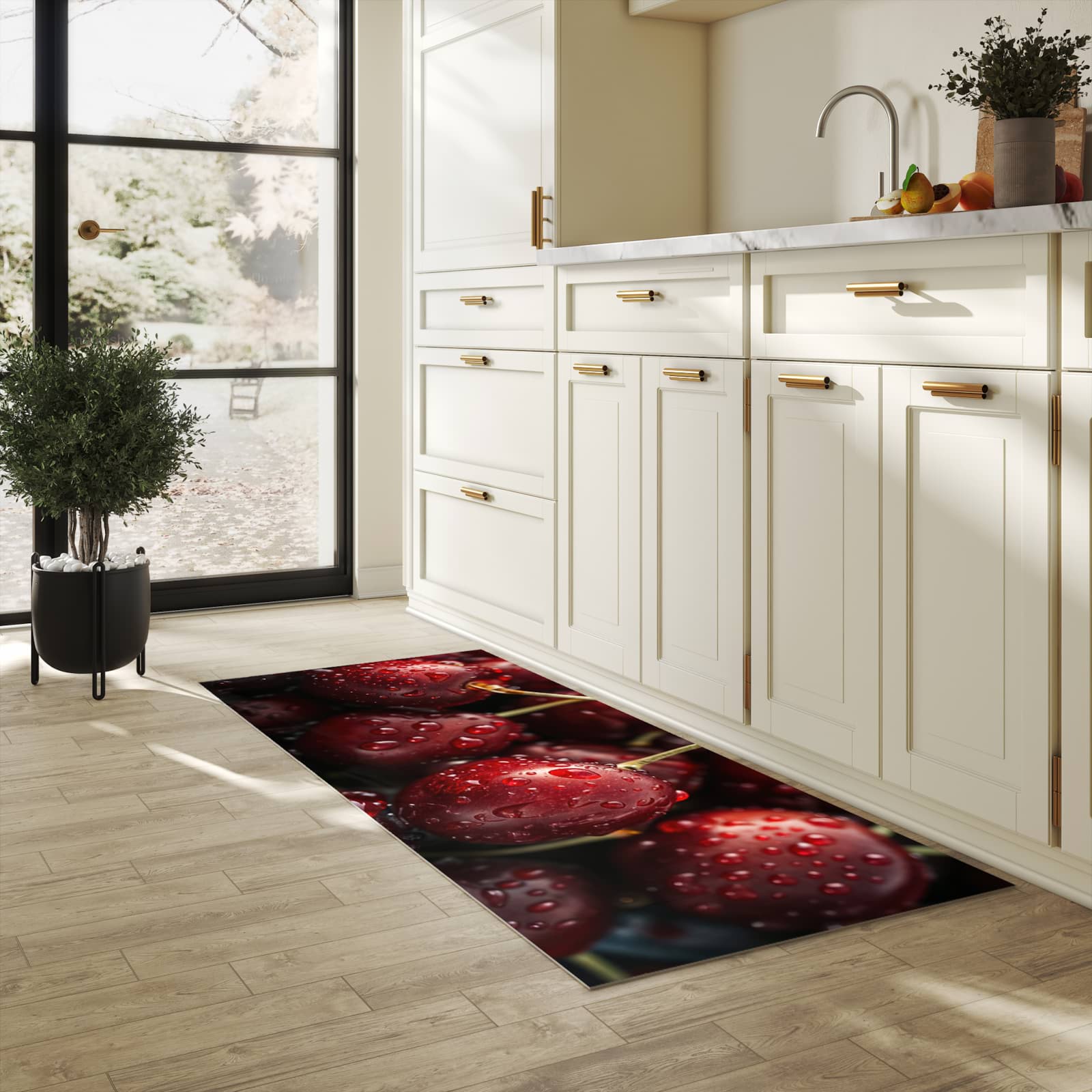 Küchenteppich mit Motiv Reife Kirschen für Ordnung & Übersicht in heller Küche