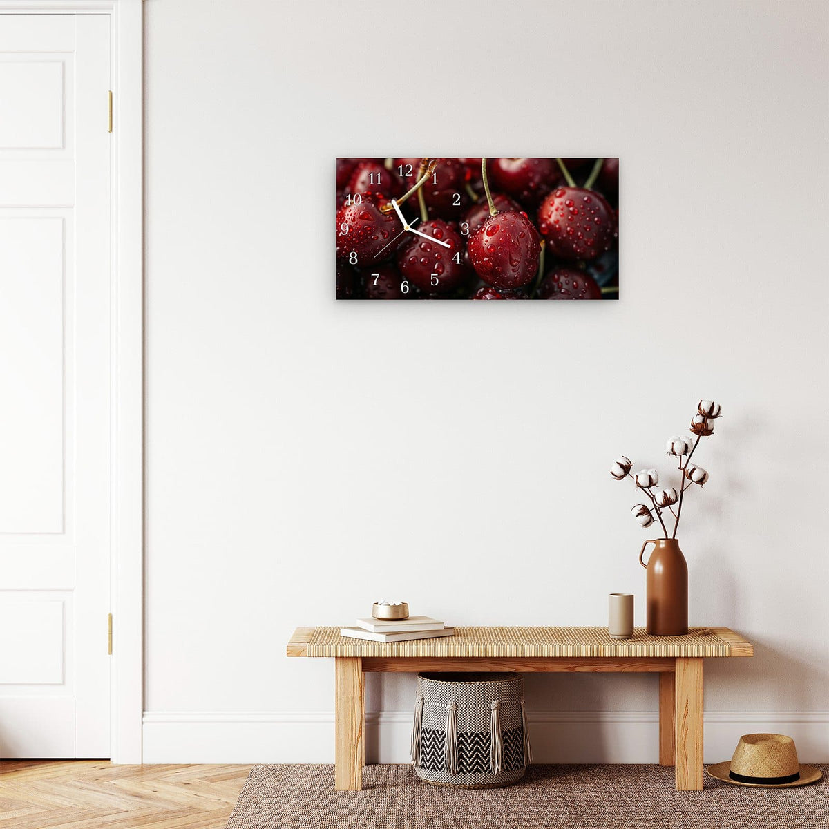Moderne Wanduhr aus Glas mit Farbtiefe – Wanduhr Reife Kirschen aus Glas – Querformat 60 × 30 cm