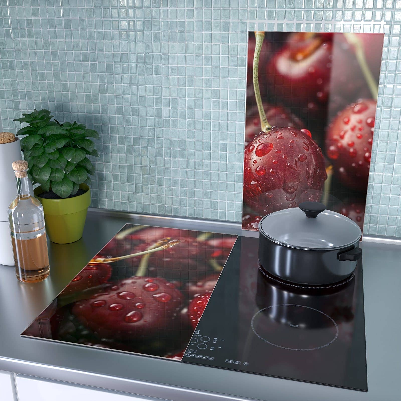 2-teilige Herdabdeckung aus Glas mit Reife Kirschen-Motiv als Spritzschutz hinter dem Kochfeld