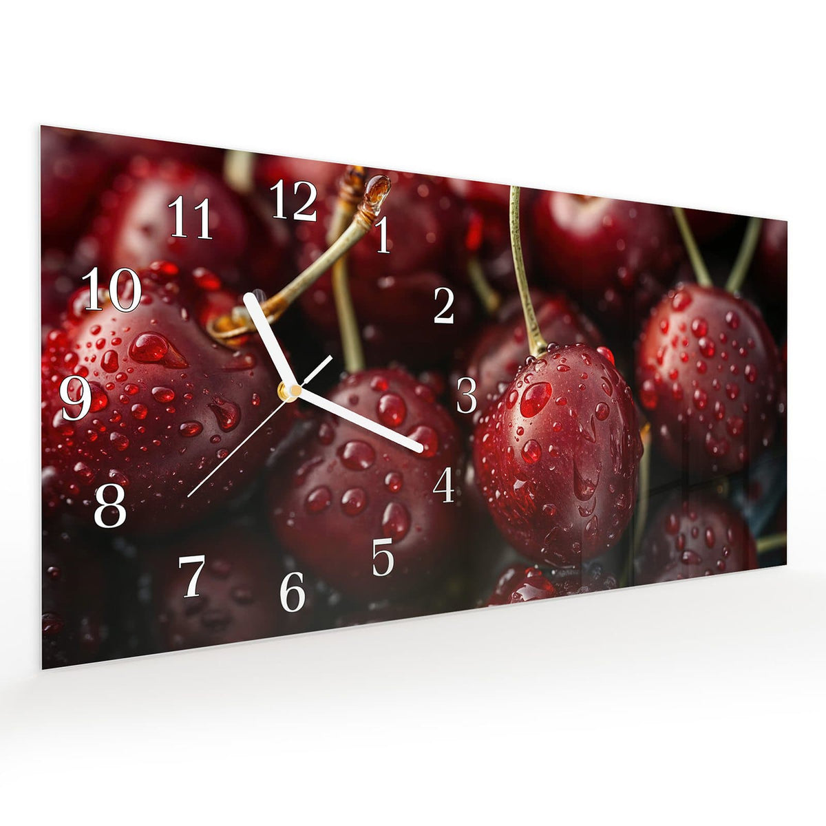Vormontiert – mit Schwebeeffekt – Wanduhr Reife Kirschen aus Glas – Querformat 60 × 30 cm