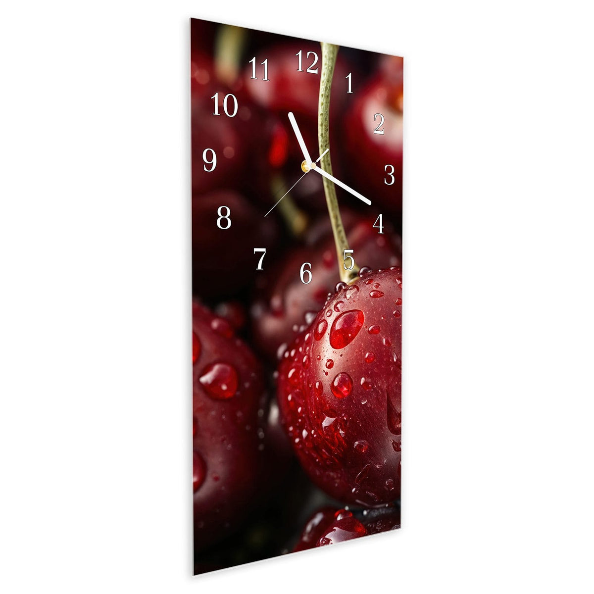 Wanduhr aus Glas im Hochformat Rubinrote Kirschen schräg von der Seite, 4 mm starkes Glas