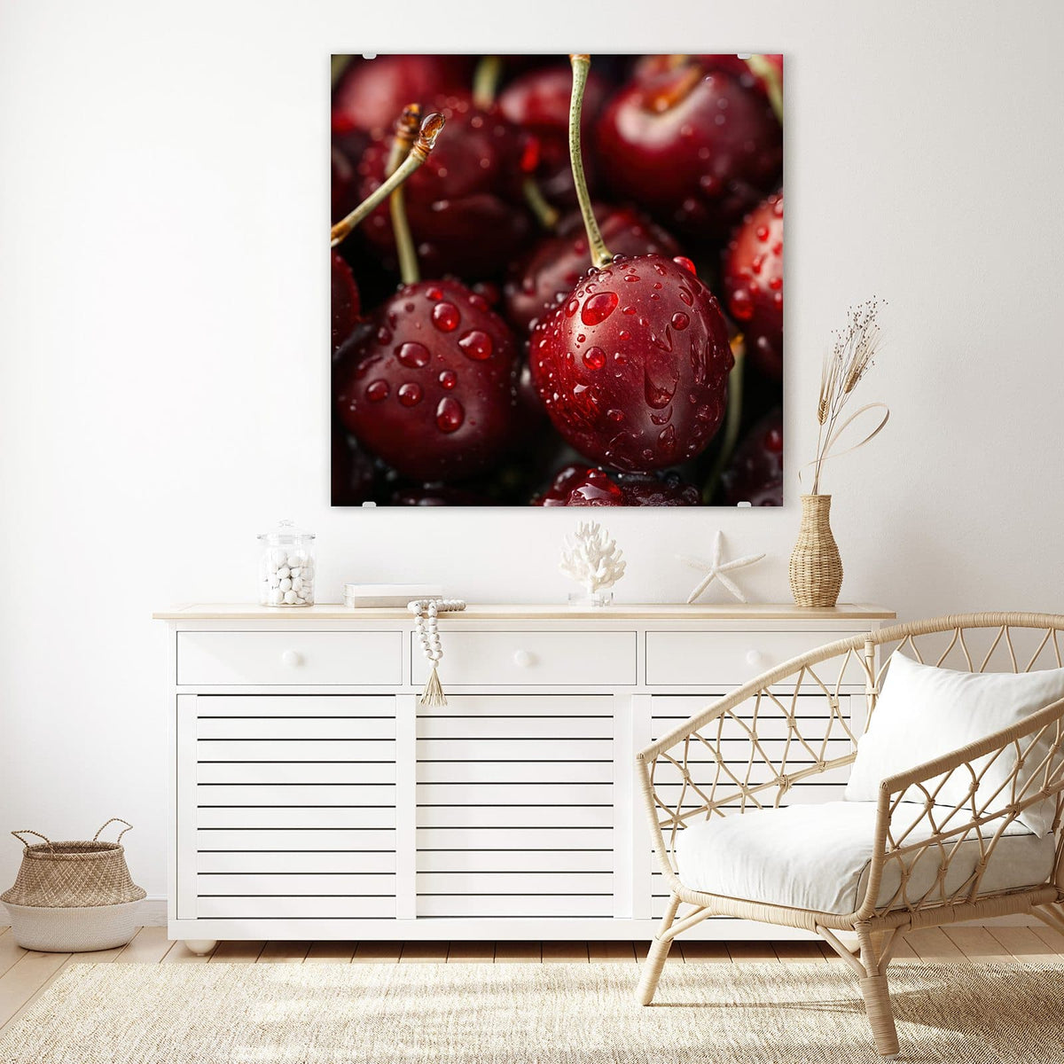 Echtglas, 4 mm – kein Acryl, keine Folie – Wandbild - Rubinrote Kirschen - Quadratisch