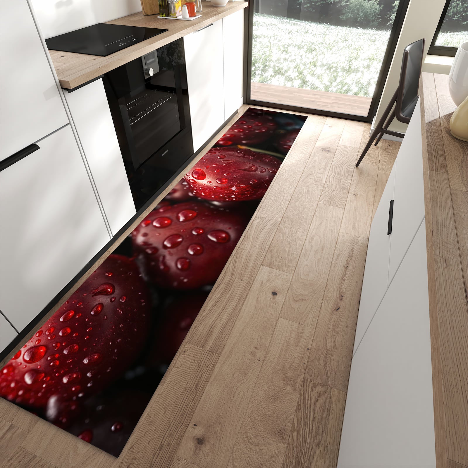 Komfortabler großer Küchenteppich mit Motiv Reife Kirschen in moderner Küche