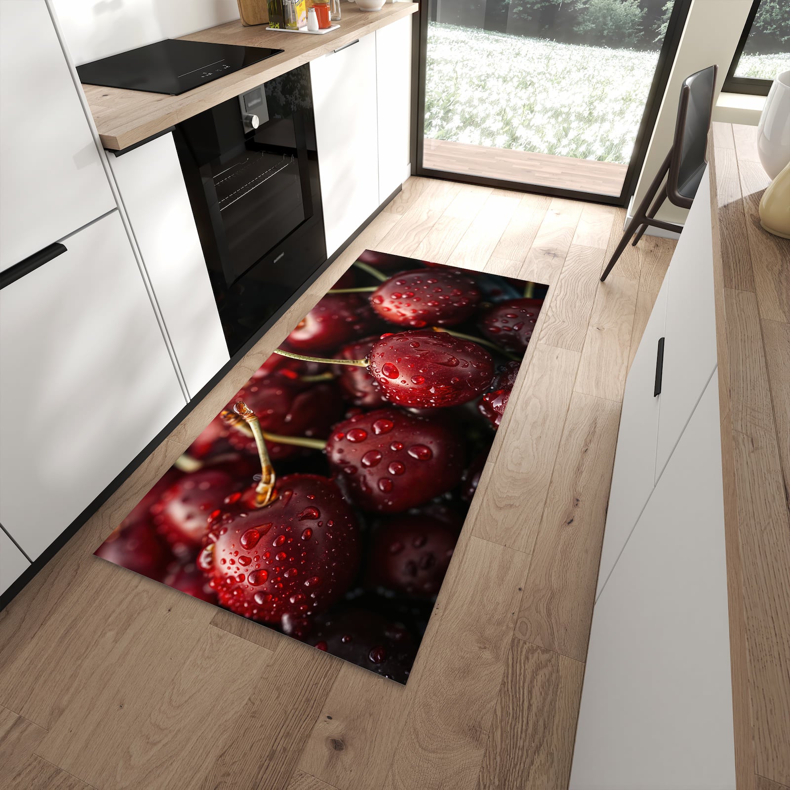 Waschbarer Küchenläufer mit Motiv Reife Kirschen in moderner Küche