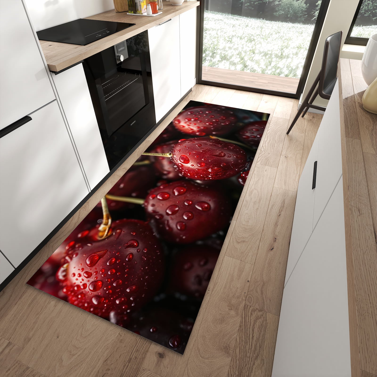 Langlebiger rutschfester Küchenläufer mit Motiv Reife Kirschen in moderner Küche