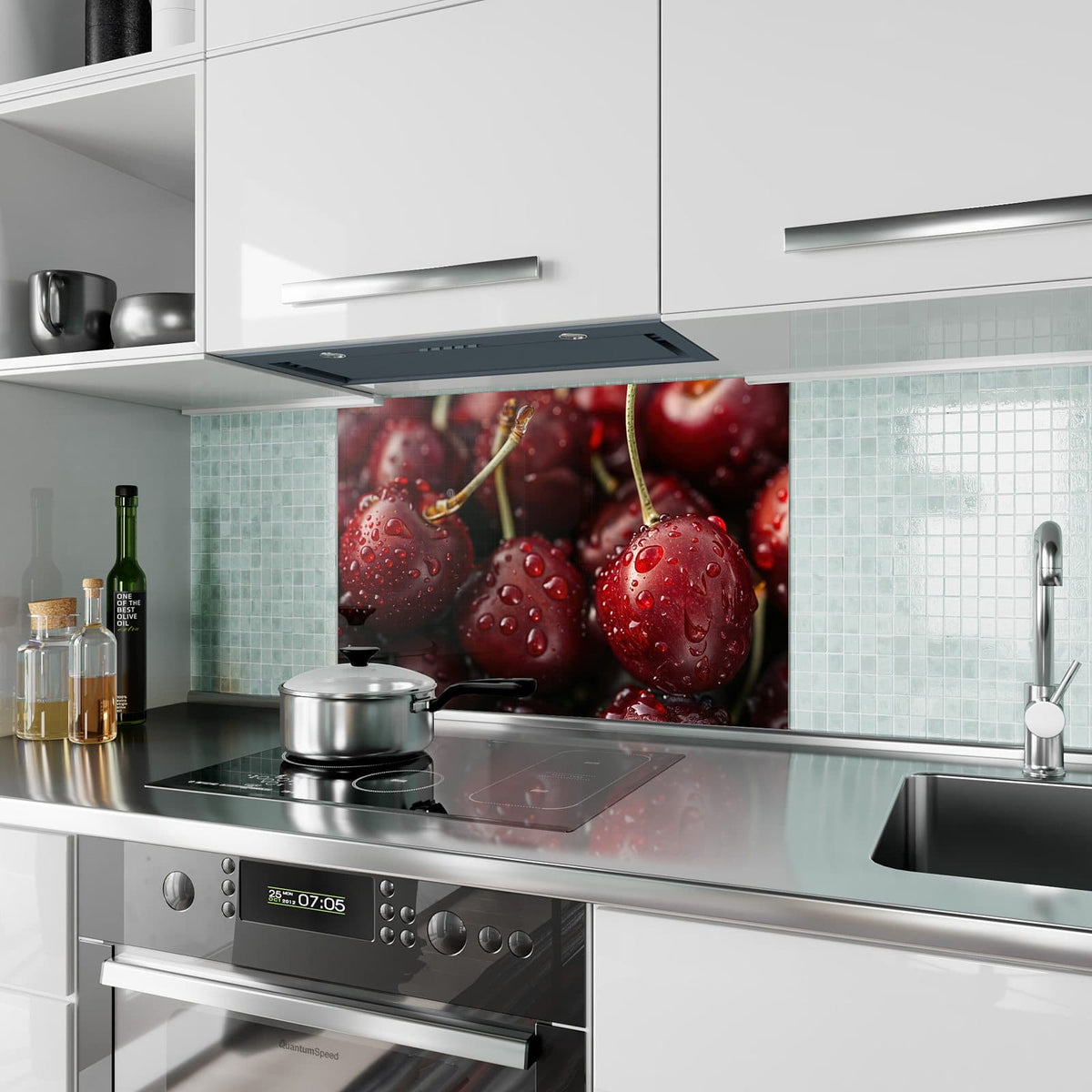 Küchenrückwand aus Glas Rubinrote Kirschen im Hochformat als Spritzschutz hinter dem Kochfeld, über dem Fliesenspiegel montiert