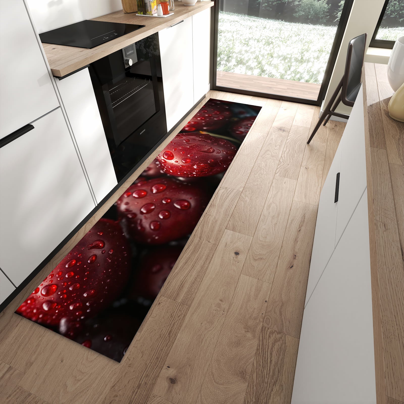 Pflegeleichter waschbarer Küchenteppich mit Motiv Reife Kirschen in moderner Küche