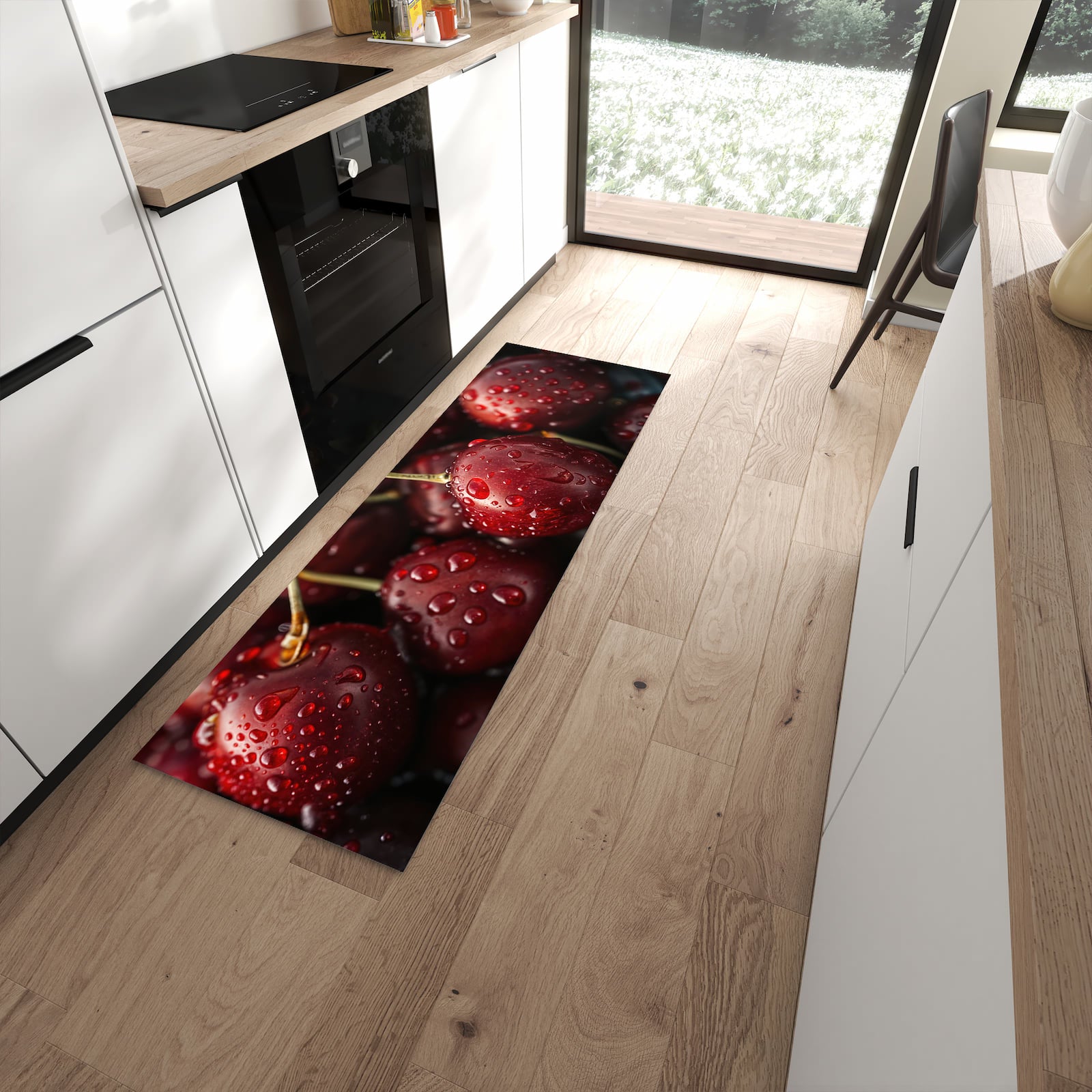 Langlebiger Küchenteppich mit Motiv Reife Kirschen in moderner Küche