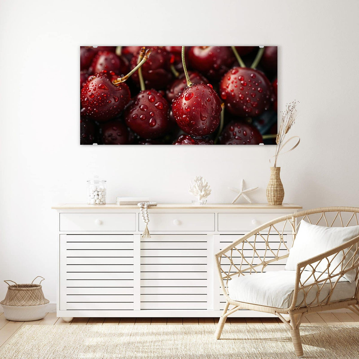 Echtglas, 4 mm – kein Acryl, keine Folie – Wandbild - Rubinrote Kirschen - Querformat