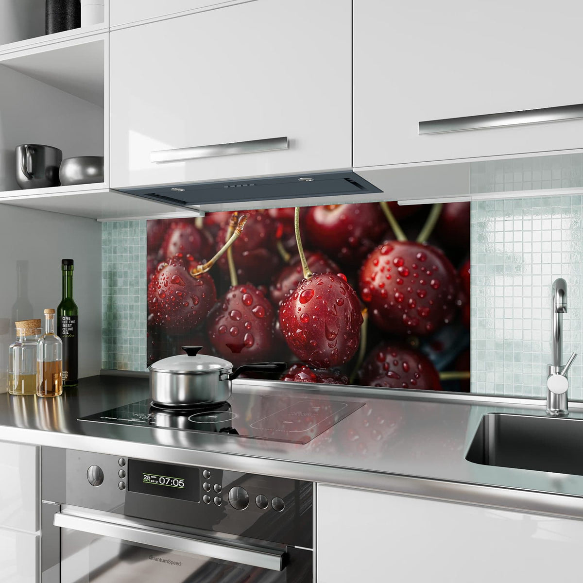 Küchenrückwand aus Glas Rubinrote Kirschen im Hochformat als Spritzschutz hinter dem Kochfeld, über dem Fliesenspiegel montiert