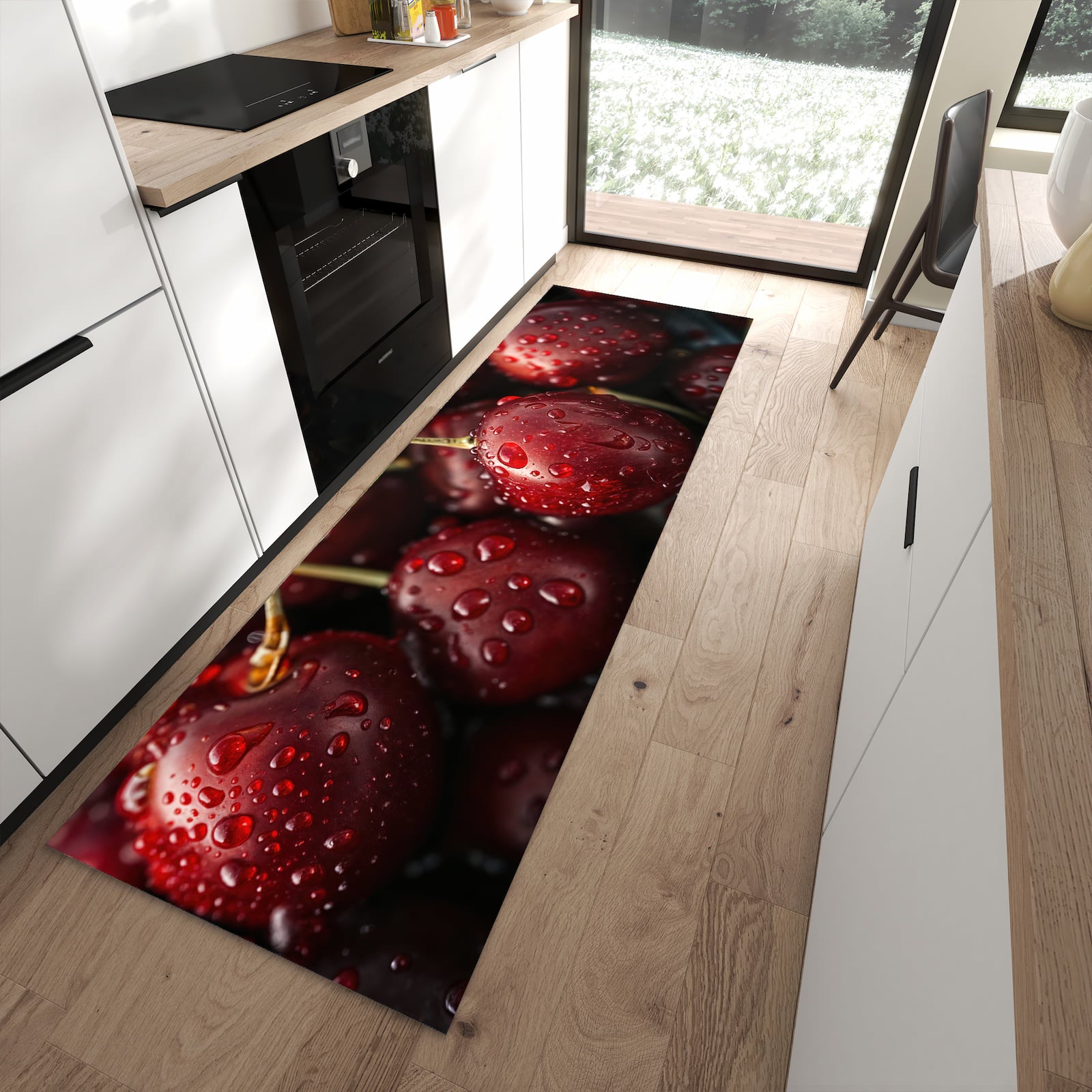 Küchenteppich mit Motiv Reife Kirschen für angenehme Haptik in moderner Küche
