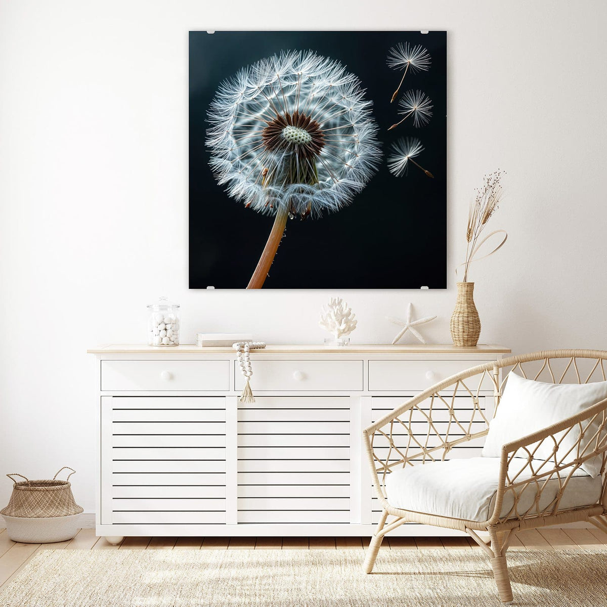 Echtglas, 4 mm – kein Acryl, keine Folie – Wandbild - Fliegende Pusteblume - Quadratisch