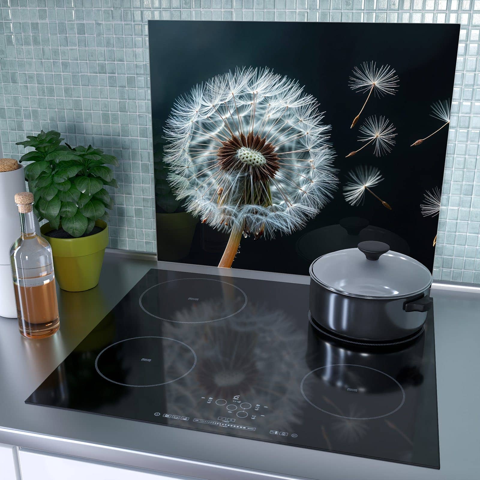 1-teilige Herdabdeckplatte für Ceranfeld mit Pusteblume bei Wind-Motiv als Spritzschutz