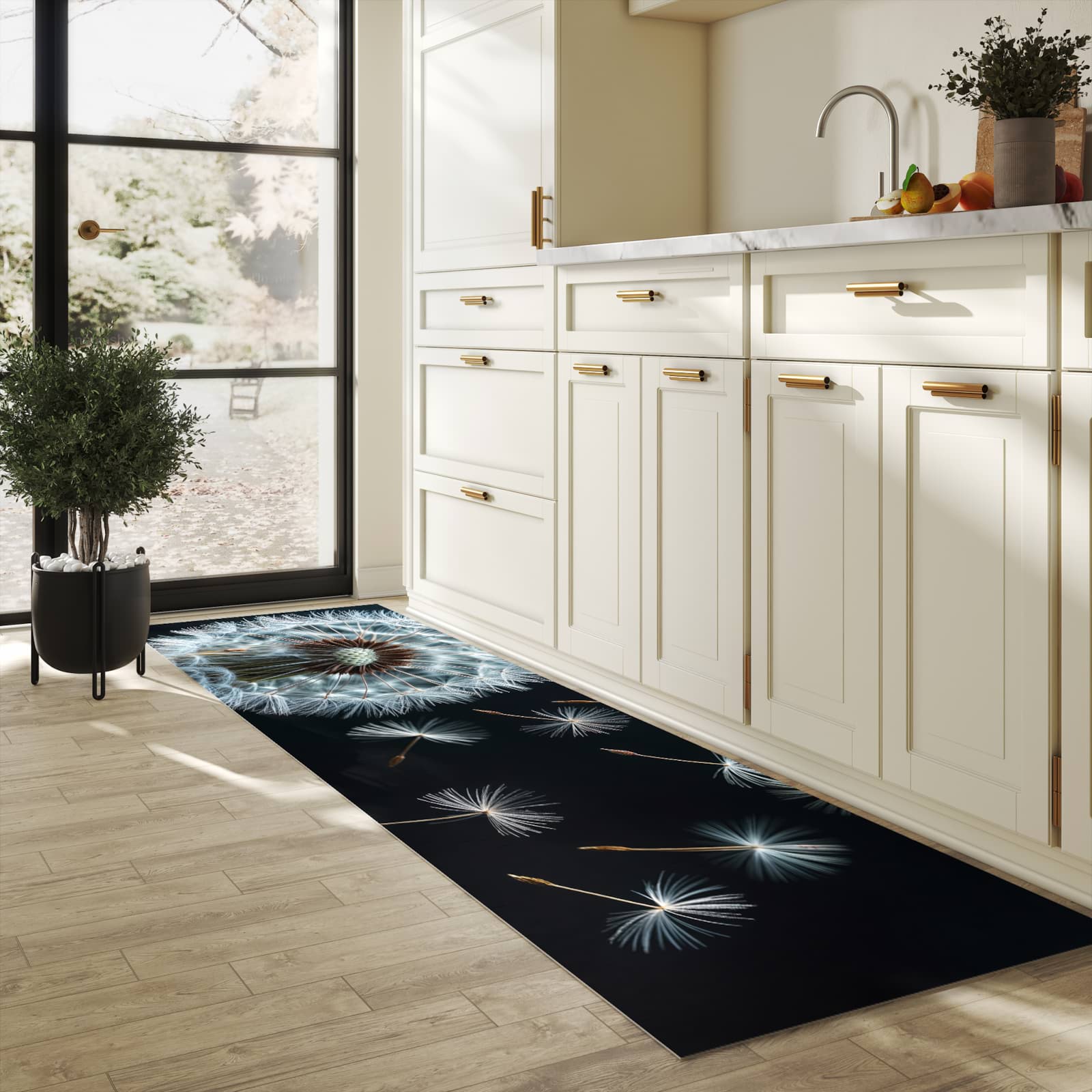 Rutschfester Küchenläufer mit Motiv Pusteblume bei Wind in heller Küche zum Waschen