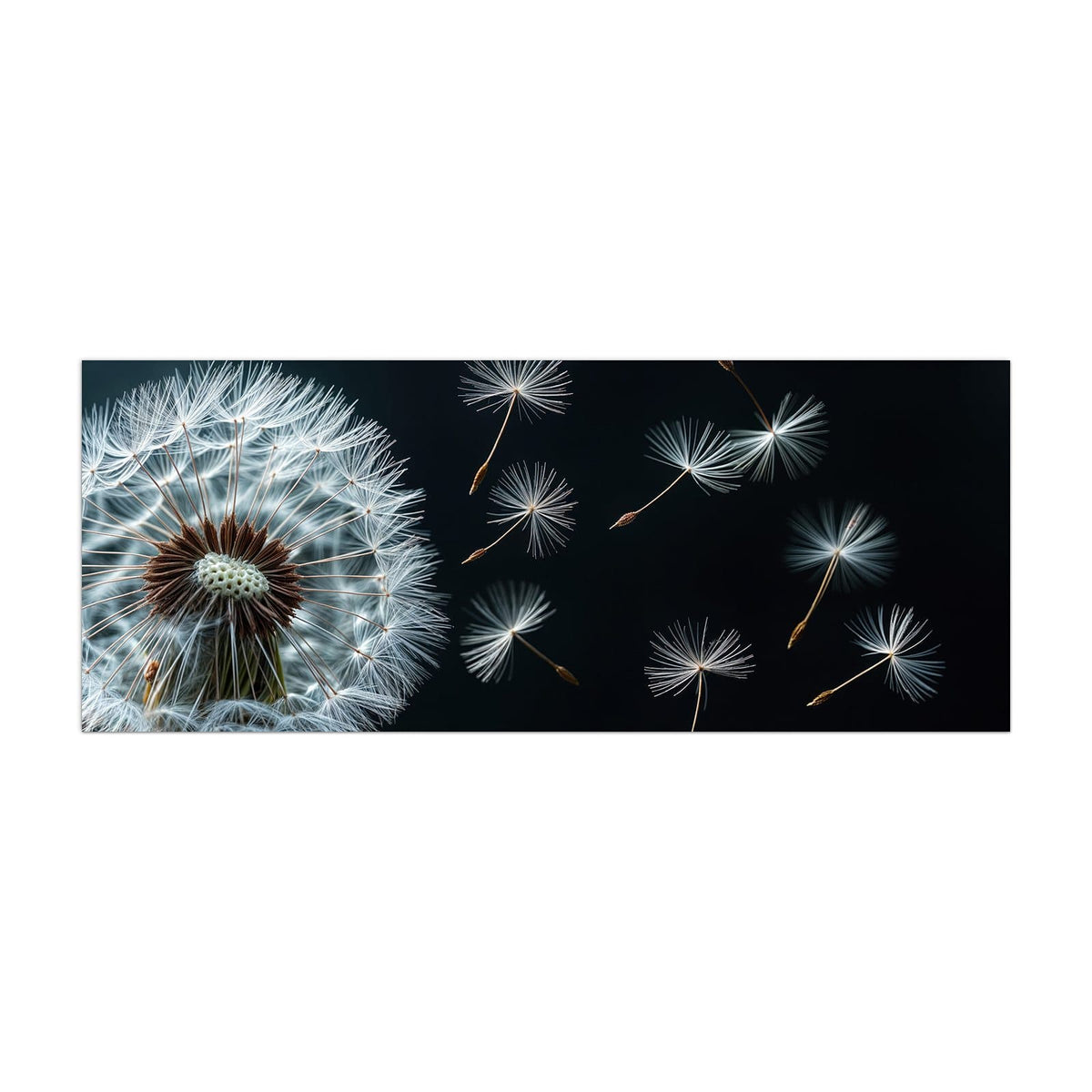Küchenrückwand aus Glas Fliegende Pusteblume im Hochformat, Motiv bildfüllend von vorn