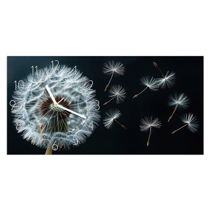 Wanduhr Pusteblume bei Wind aus Glas – Querformat 60 × 30 cm mit Ziffernblatt Elegant