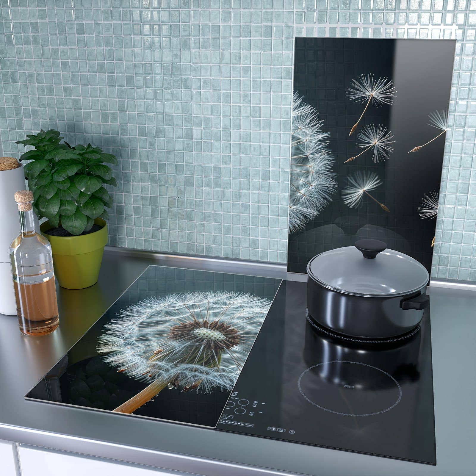 2-teilige Abdeckplatten Ceranfeld mit Pusteblume bei Wind-Motiv als Spritzschutz hinter dem Kochfeld