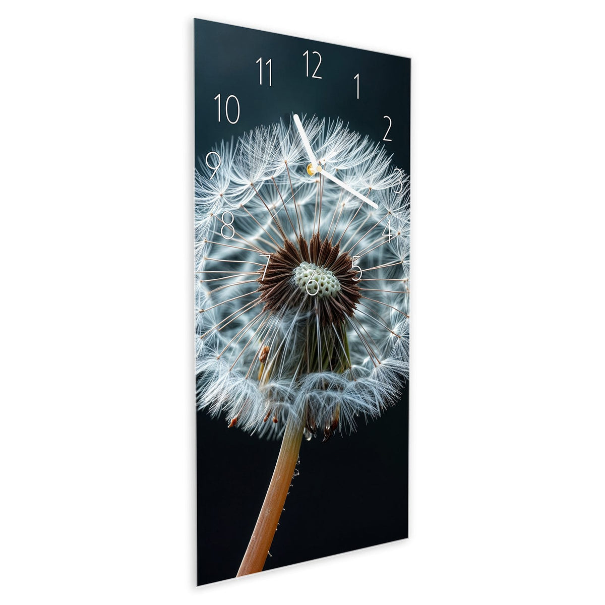 Wanduhr aus Glas im Hochformat Fliegende Pusteblume schräg von der Seite, 4 mm starkes Glas