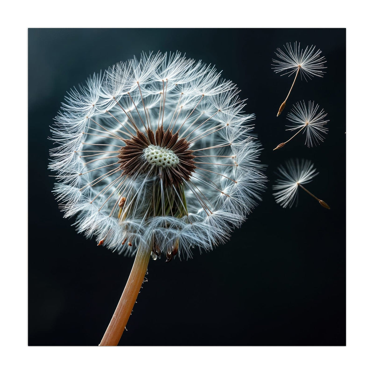 Küchenrückwand aus Glas Fliegende Pusteblume im quadratischen Format, Motiv bildfüllend von vorn