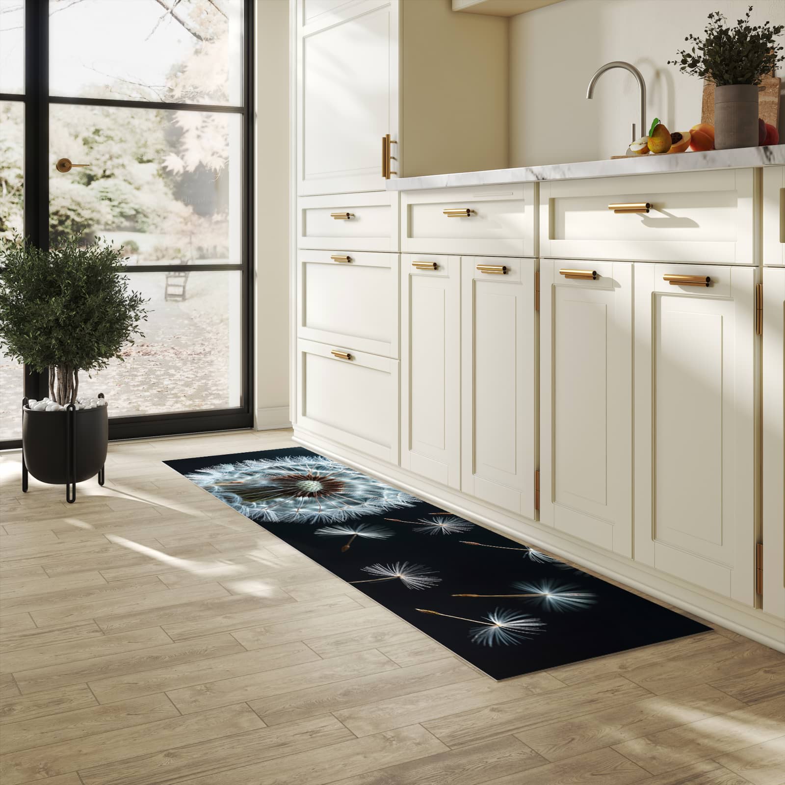 Fleckenresistenter Küchenläufer mit Motiv Pusteblume bei Wind in heller Küche