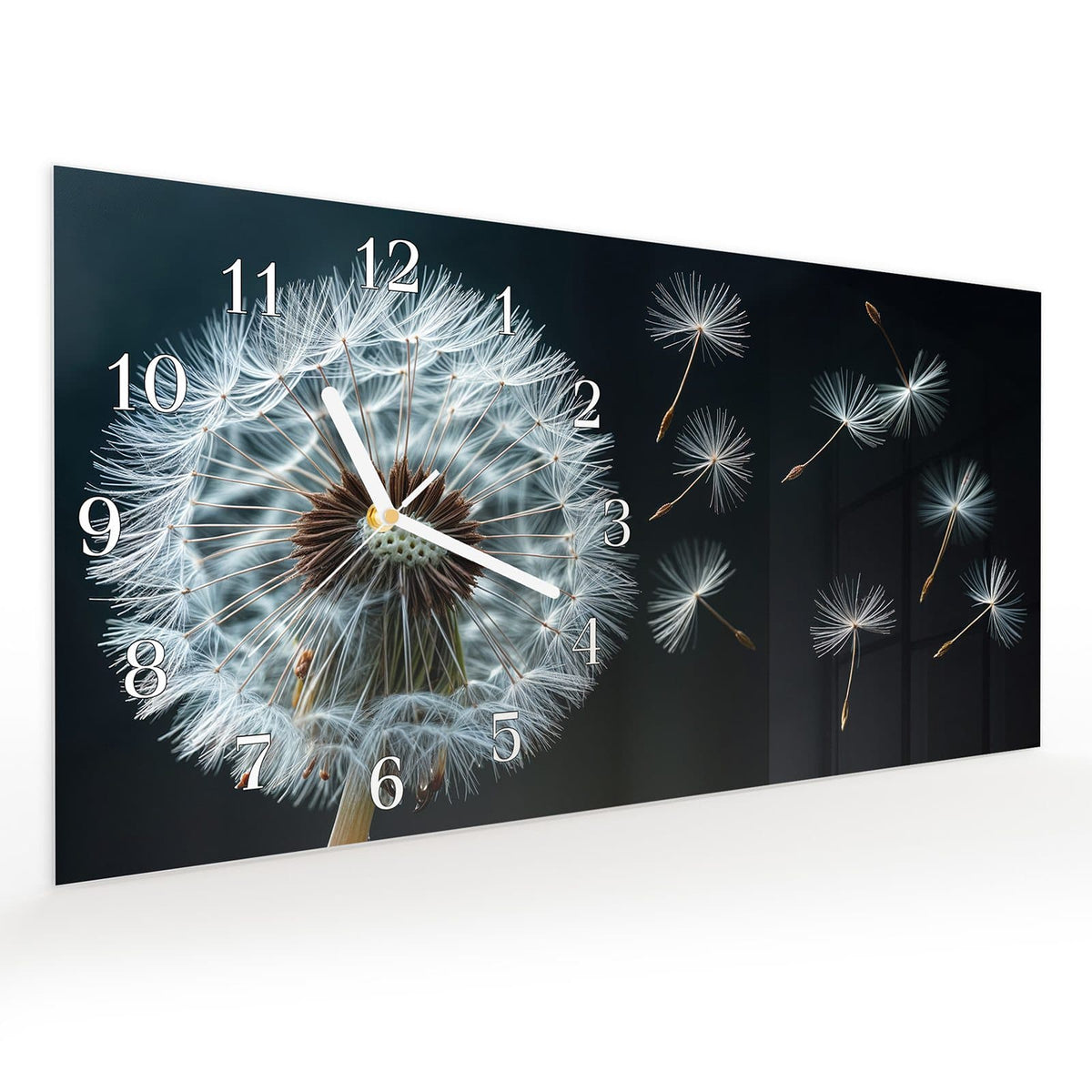 Vormontiert – mit Schwebeeffekt – Wanduhr Pusteblume bei Wind aus Glas – Querformat 60 × 30 cm