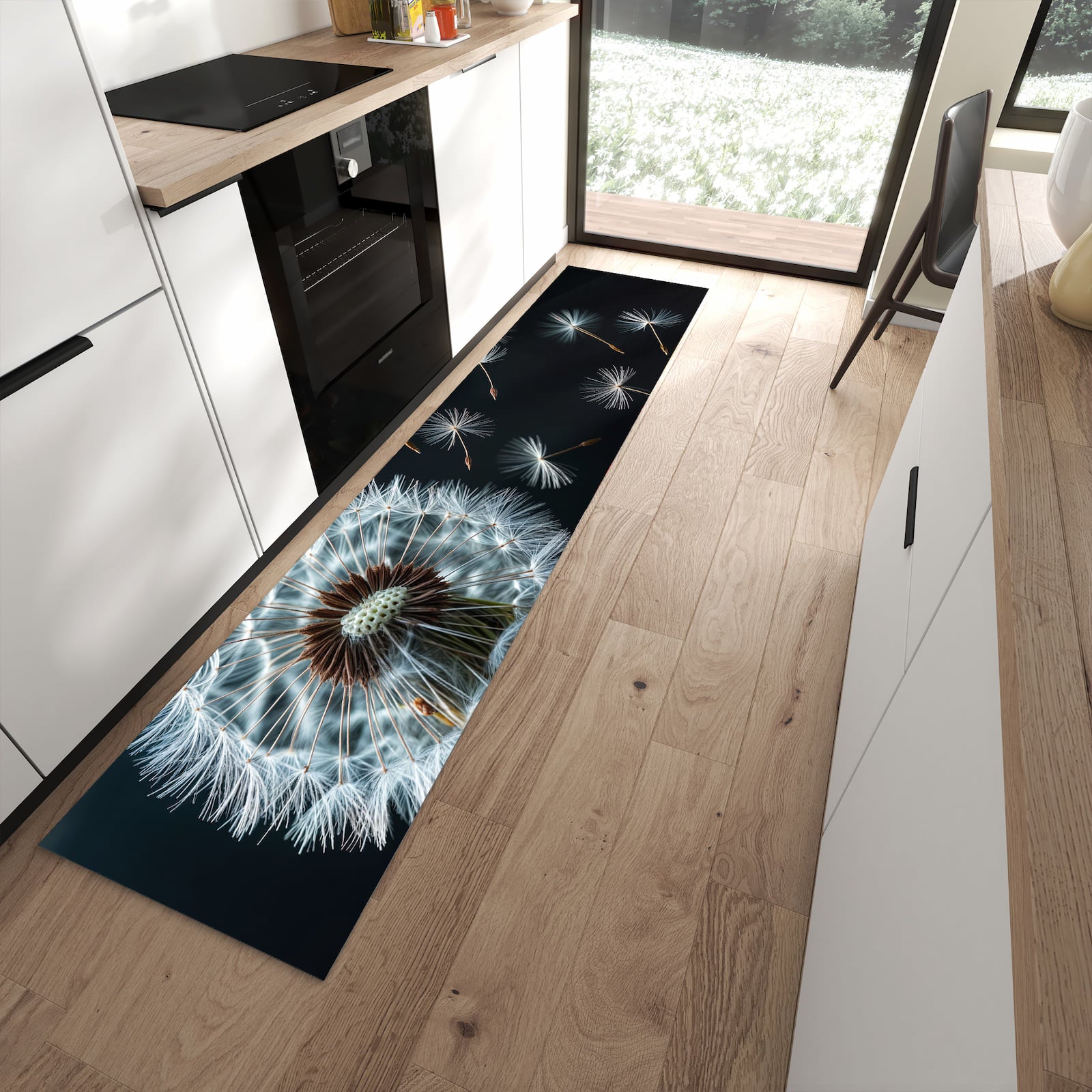 Formstabiler rutschfester Küchenteppich mit Motiv Pusteblume bei Wind in moderner Küche