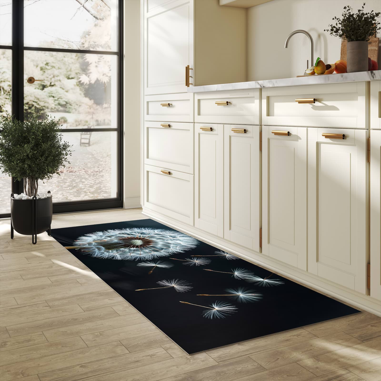 Abwaschbarer Küchenläufer mit Motiv Pusteblume bei Wind in heller Küche für angenehme Haptik