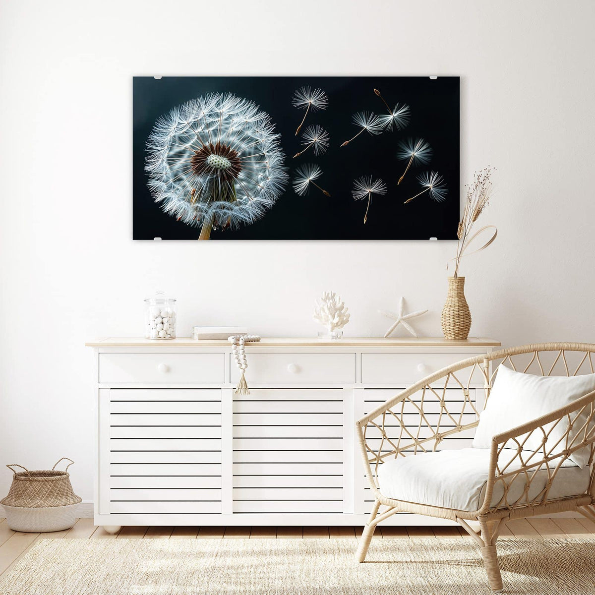 Echtglas, 4 mm – kein Acryl, keine Folie – Wandbild - Fliegende Pusteblume - Querformat