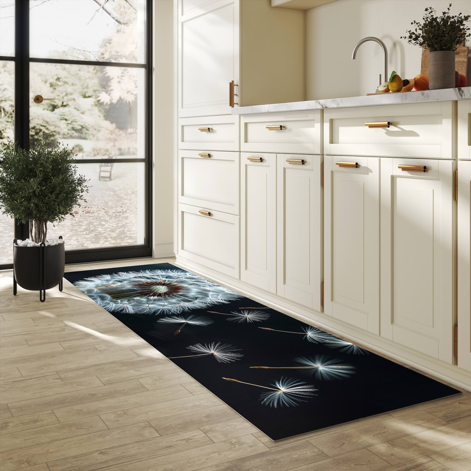 Komfortabler Küchenläufer nach Maß mit Motiv Pusteblume bei Wind in heller Küche