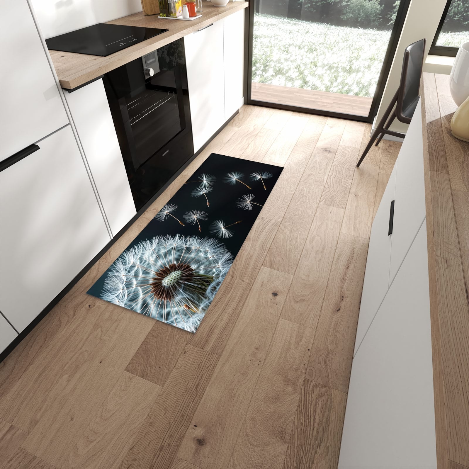 Küchenläufer mit Motiv Pusteblume bei Wind für Ordnung im Eingangsbereich moderner Küche #grösse_60 x 150 cm