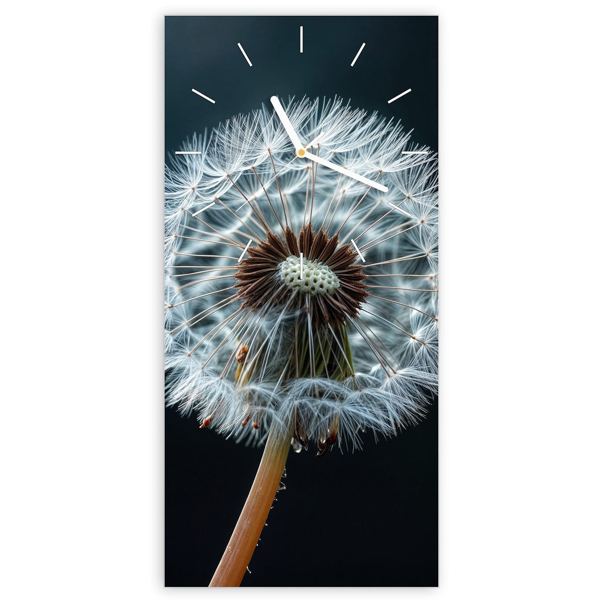 Wanduhr aus Glas, Ziffernblatt Linie: Eine große Pusteblume vor fast schwarzem Grund, drei Samen fliegen nach rechts weg