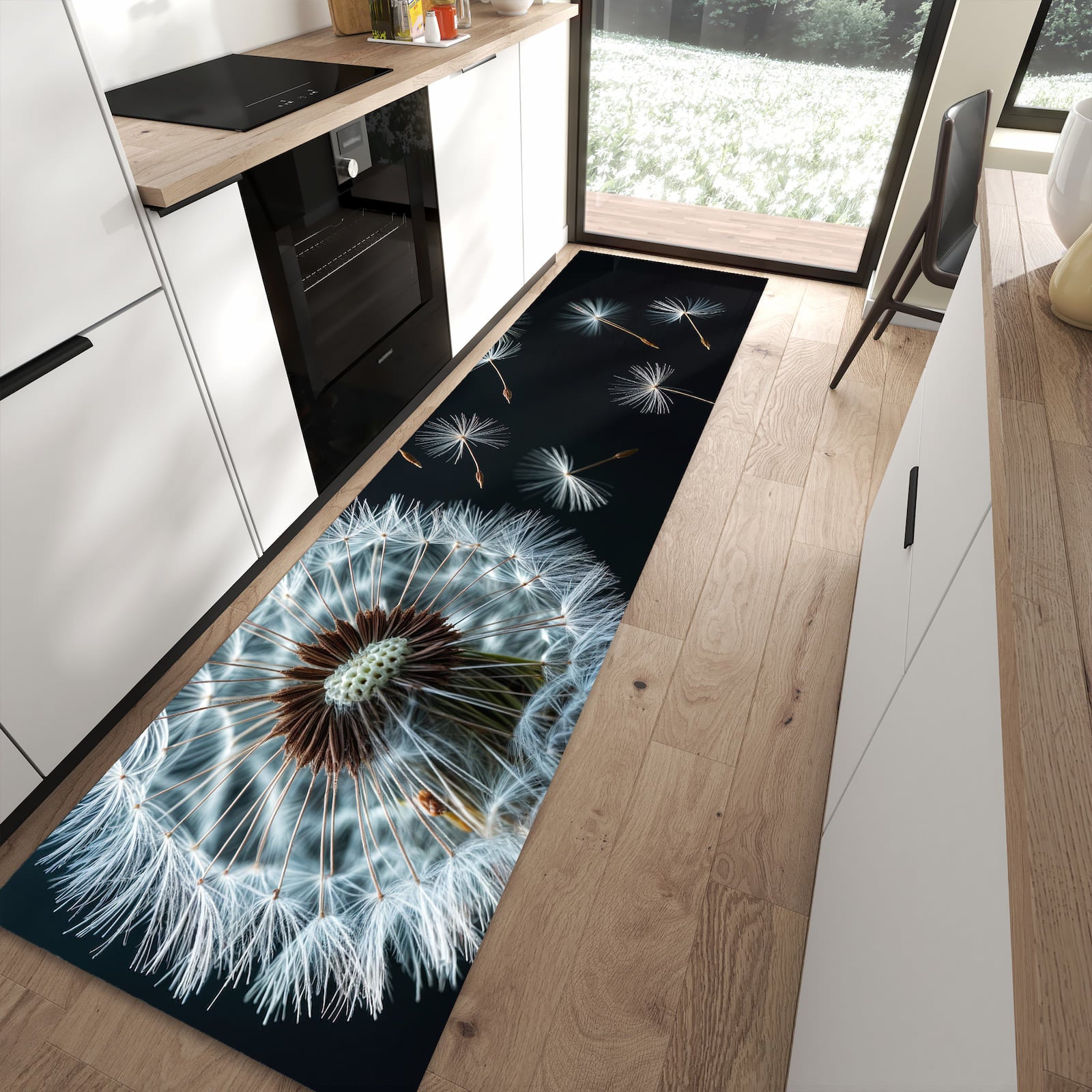 Komfortabler Bodenläufer-Teppich mit Motiv Pusteblume bei Wind in moderner Küche