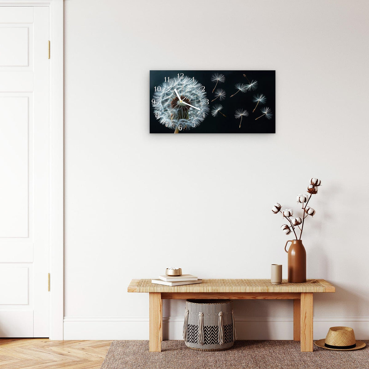 Moderne Wanduhr aus Glas mit Farbtiefe – Wanduhr Pusteblume bei Wind aus Glas – Querformat 60 × 30 cm