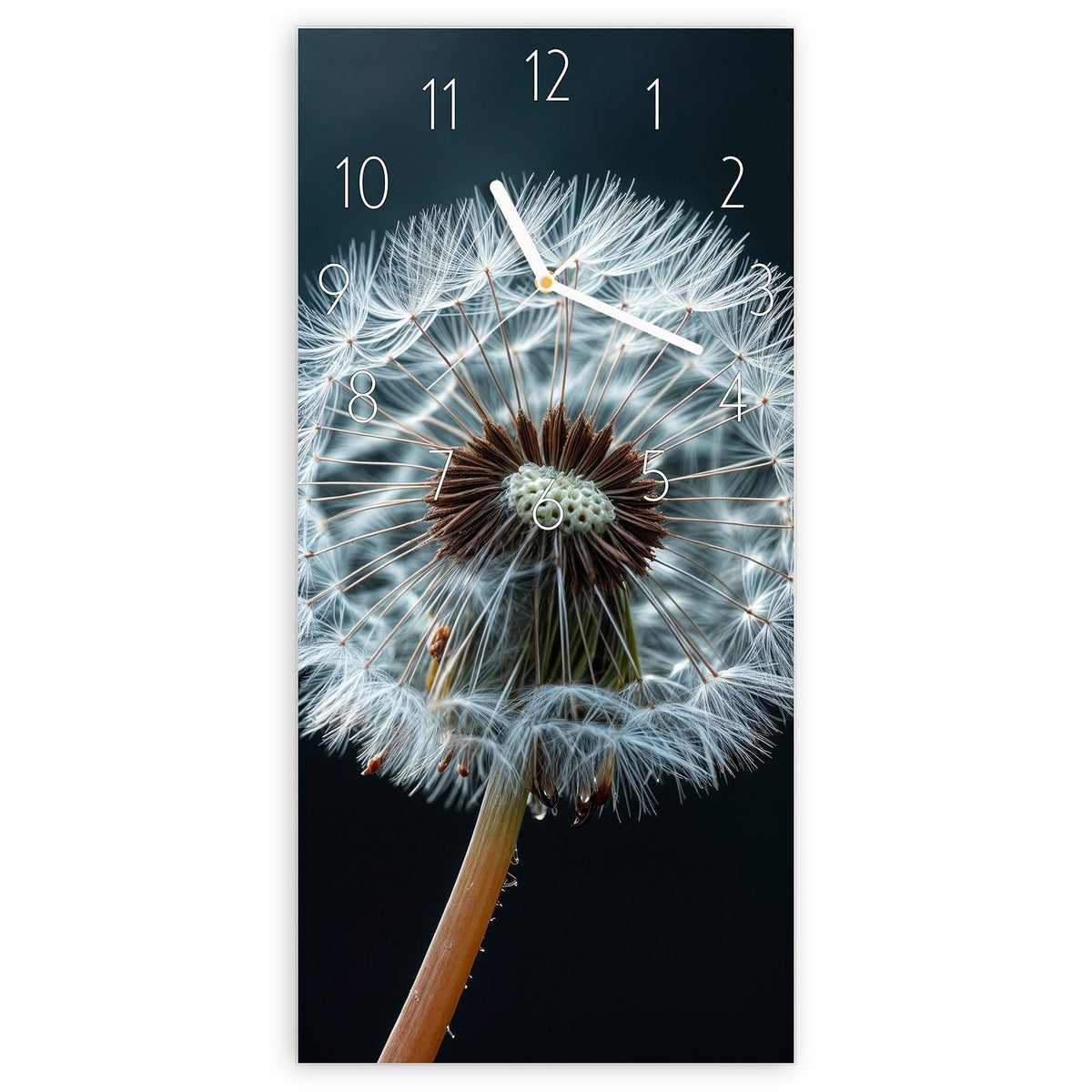Wanduhr aus Glas, Ziffernblatt Elegant: Eine große Pusteblume vor fast schwarzem Grund, drei Samen fliegen nach rechts weg