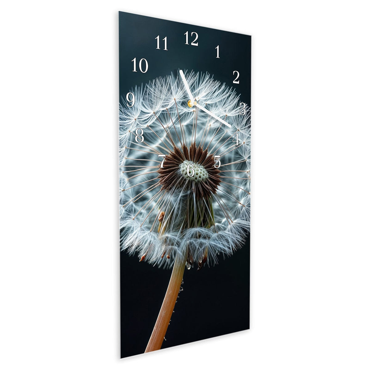 Wanduhr aus Glas im Hochformat Fliegende Pusteblume schräg von der Seite, 4 mm starkes Glas