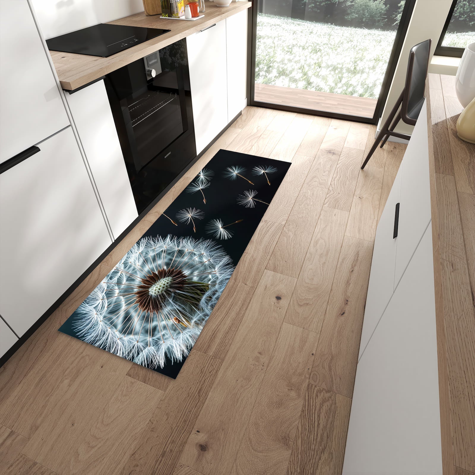 Bodenschonender rutschfester Läufer mit Motiv Pusteblume bei Wind in moderner Küche